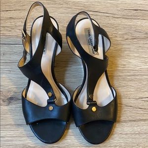 Leather Karl Lagerfeld Paris 1920s inspired open toed sling back wedge shoes